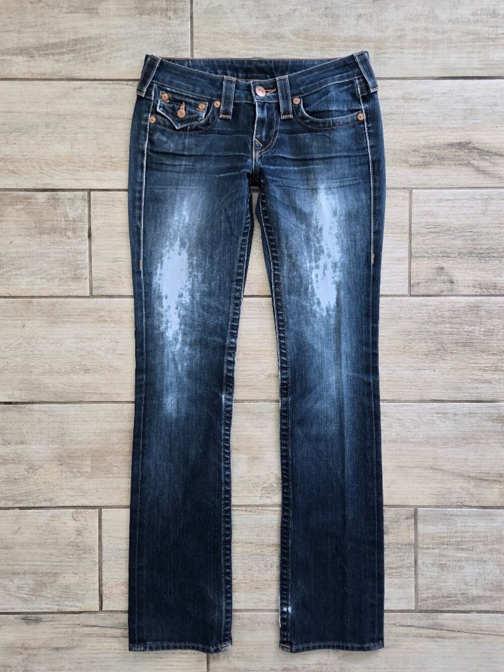 True Religion Billy Straight Leg Jeans Womens Distressed Bleached Flap Pocket 27